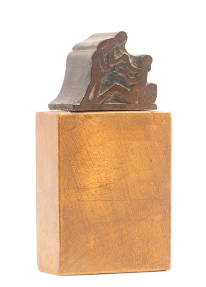 Original carved woodblock depicting a naked man approaching a reclining woman