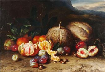 Früchtestillleben mit allerlei Früchten (Orangen, Birnen, Zwetschgen, Pflaumen, Pfirsichen) in Fantasielandschaft - Pal Böhm