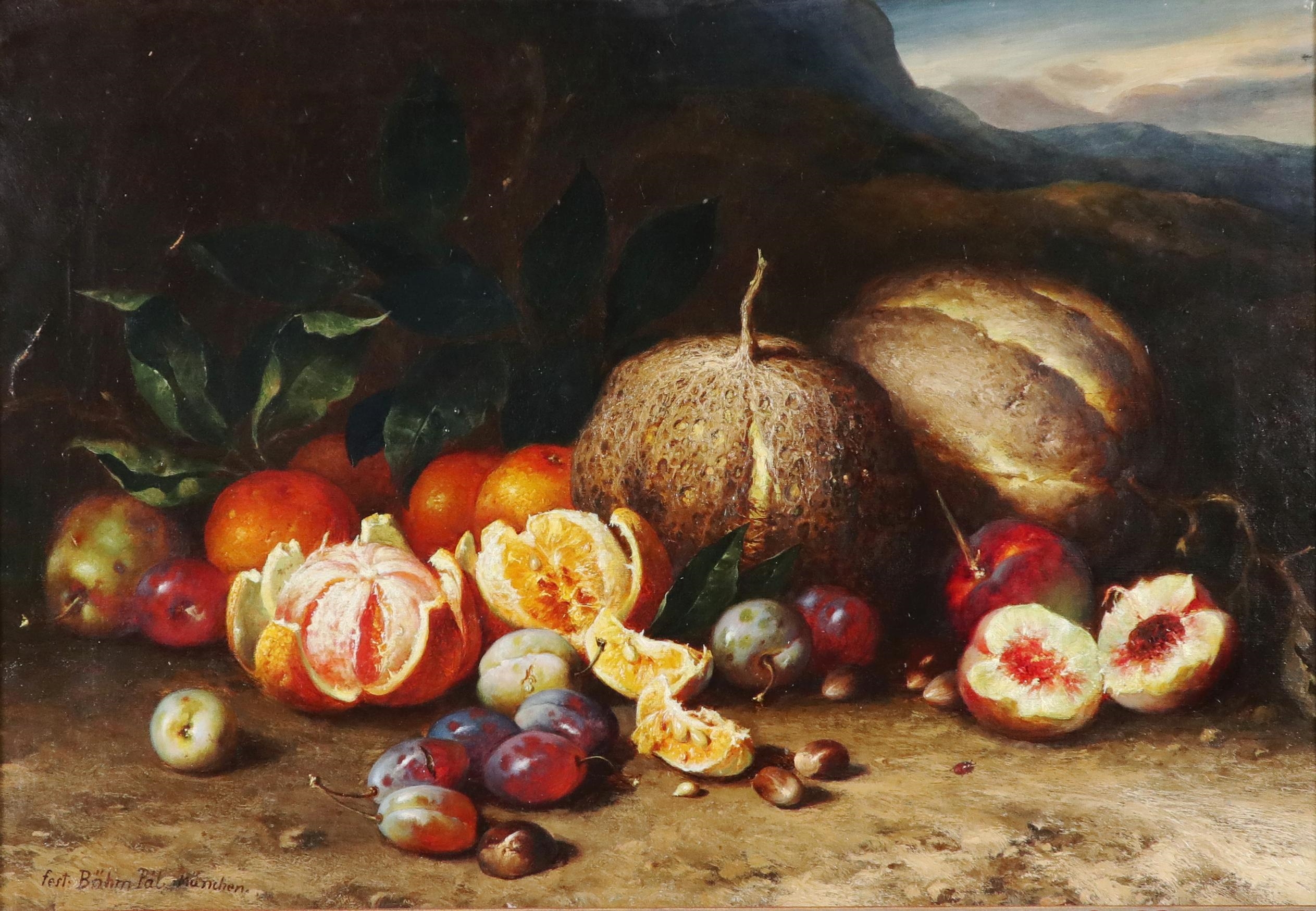 Artwork by Pal Böhm, Früchtestillleben mit allerlei Früchten (Orangen, Birnen, Zwetschgen, Pflaumen, Pfirsichen) in Fantasielandschaft, Made of oil on canvas
