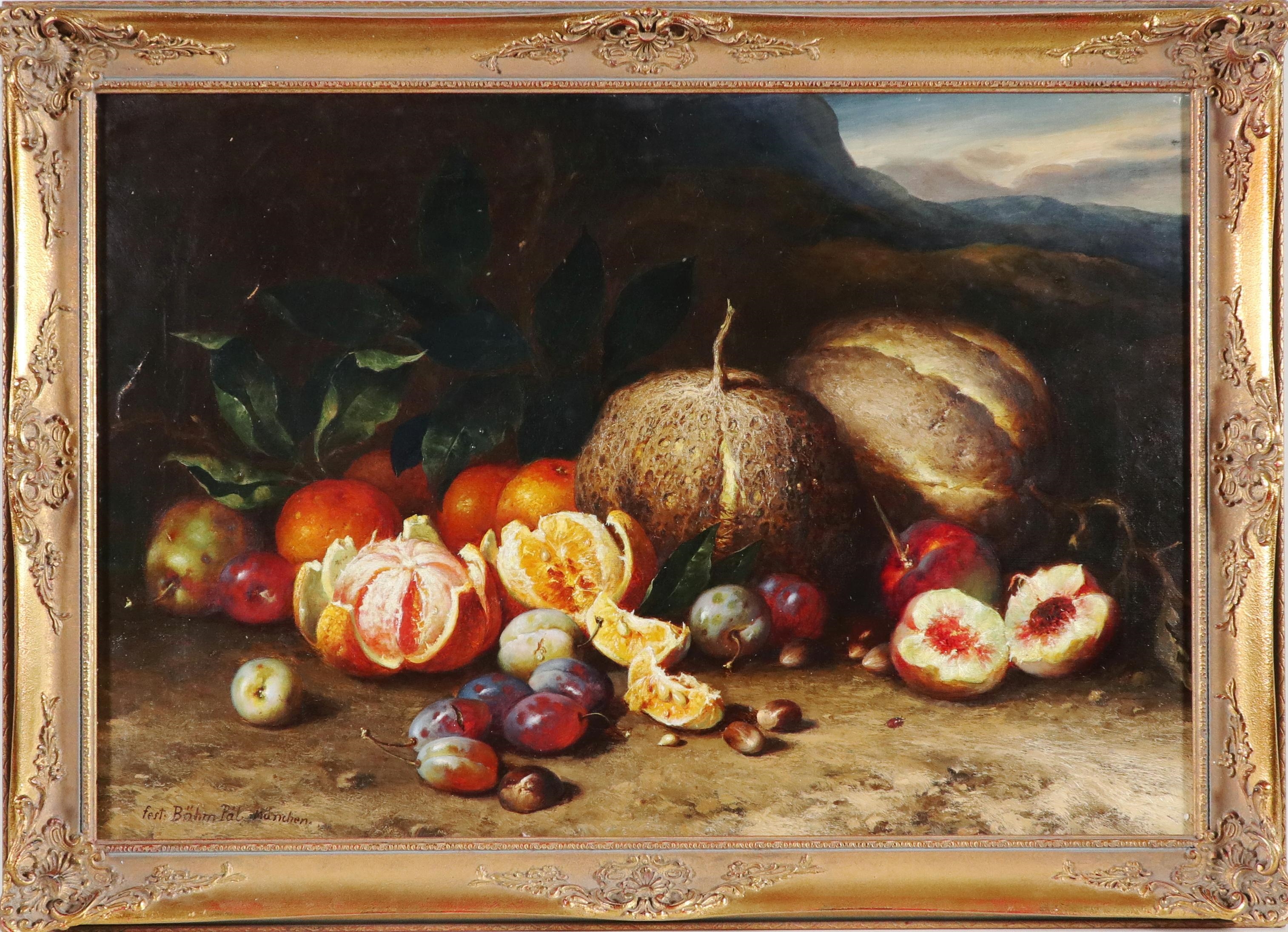 Artwork by Pal Böhm, Früchtestillleben mit allerlei Früchten (Orangen, Birnen, Zwetschgen, Pflaumen, Pfirsichen) in Fantasielandschaft, Made of oil on canvas