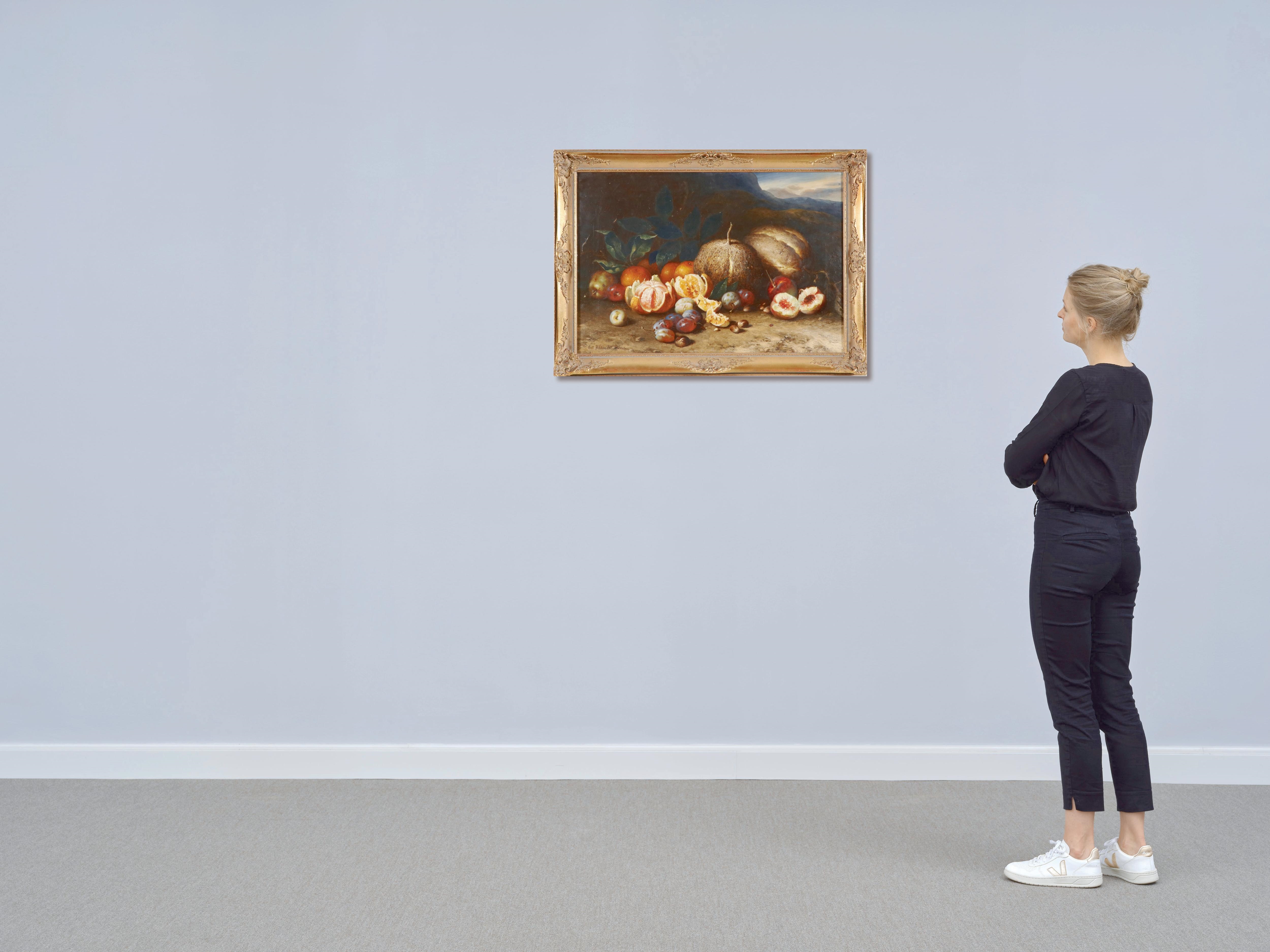 Artwork by Pal Böhm, Früchtestillleben mit allerlei Früchten (Orangen, Birnen, Zwetschgen, Pflaumen, Pfirsichen) in Fantasielandschaft, Made of oil on canvas