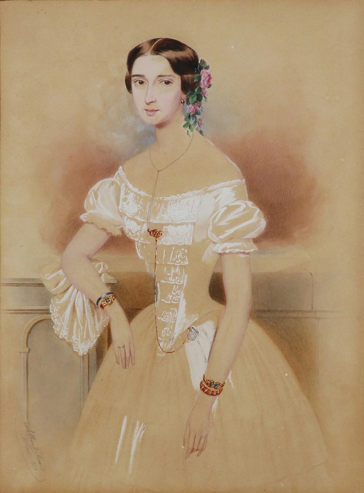 Albert Theer | Porträt einer jungen Dame in weißem Ballkleid, mit ...