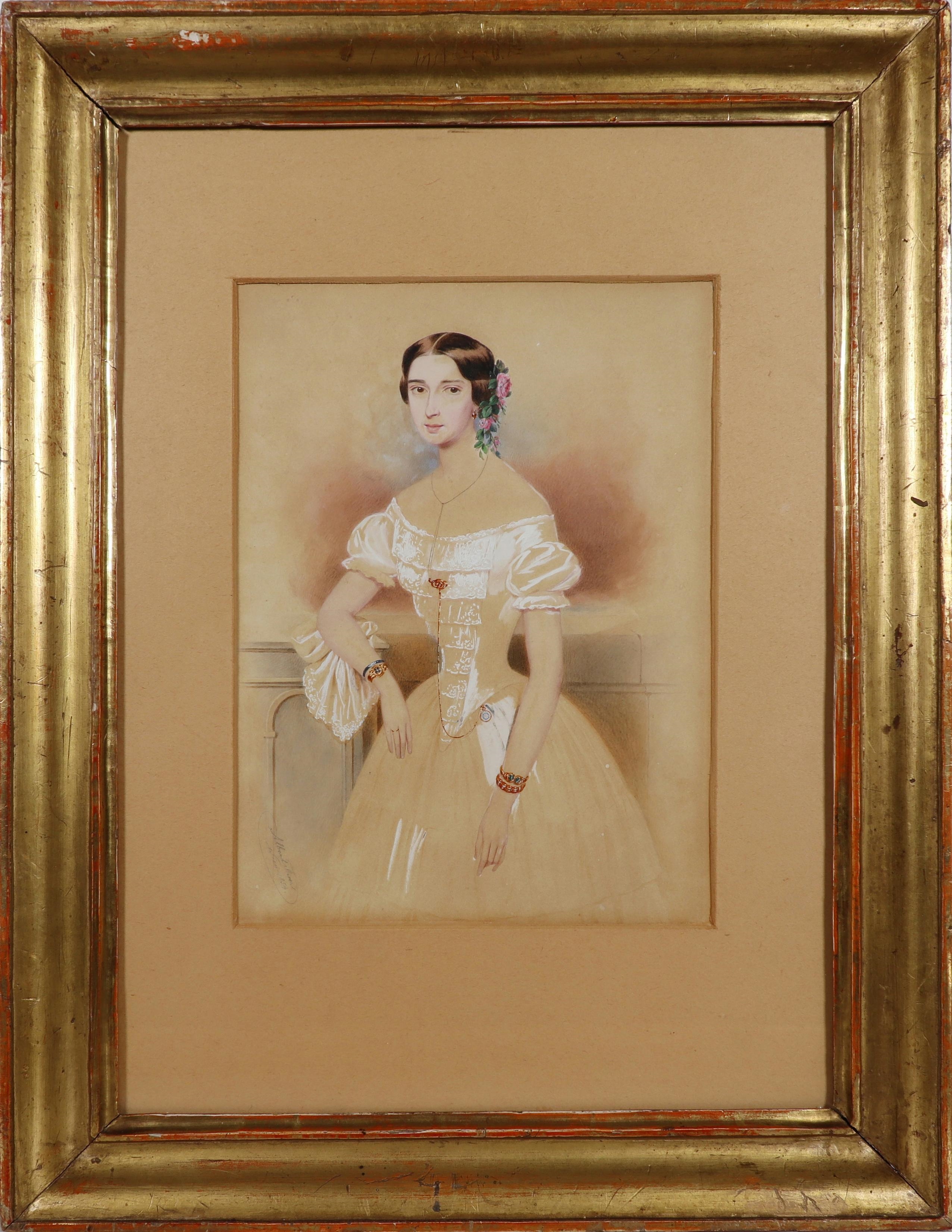 Albert Theer | Porträt einer jungen Dame in weißem Ballkleid, mit ...