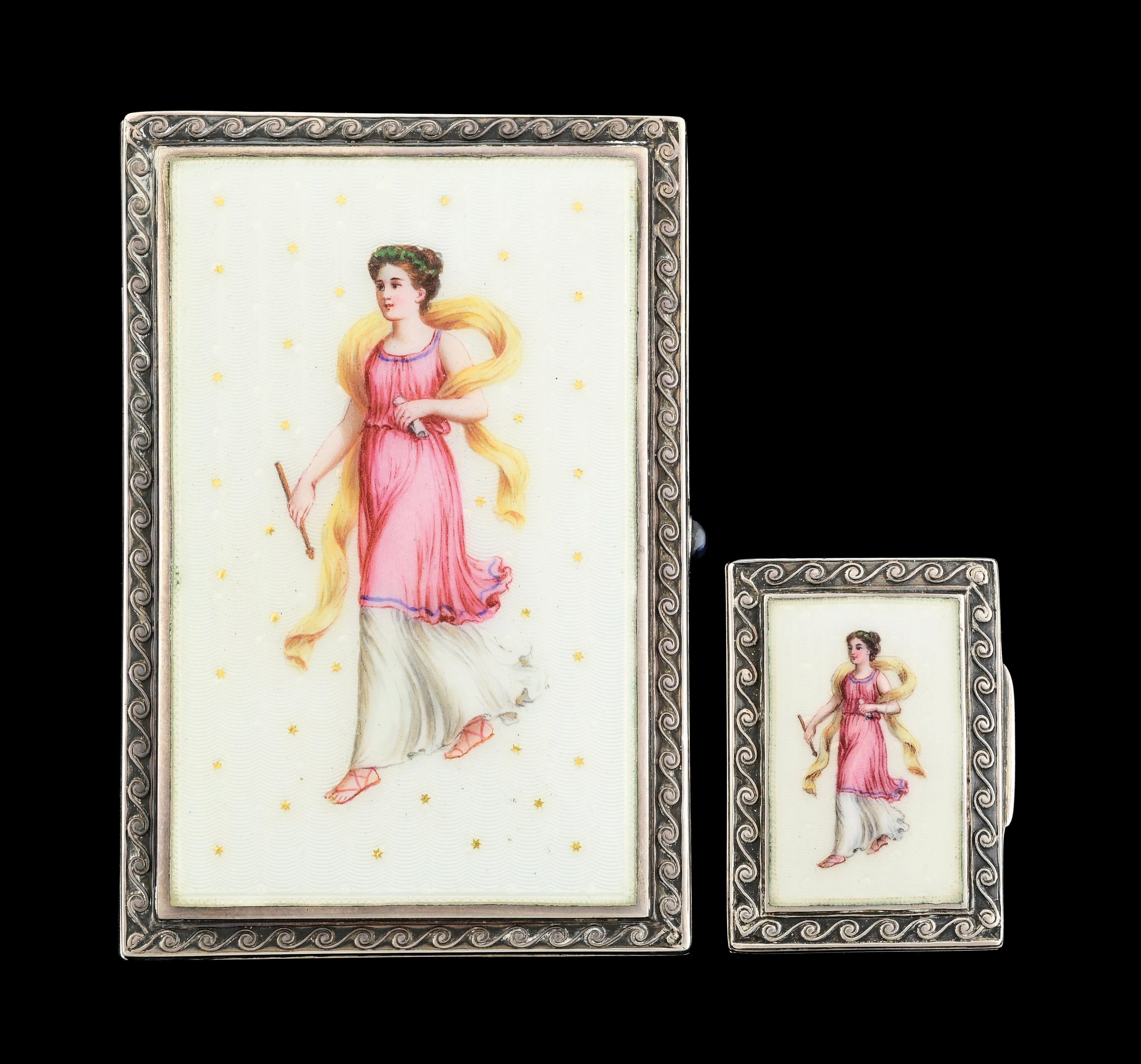 Artwork by George Adam, Both .900 silver by George Adam Scheid. Beautiful lady holding arrow and scroll. No damage or repairs, strong hinges, Made of silver