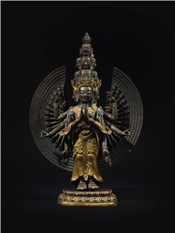 STATUETTE D'AVALOKITESHVARA EN BRONZE ET ALLIAGE DE CUIVRE REPOUSSÉ PARTIELLEMENT DORÉ - Mongolian School, 18th Century