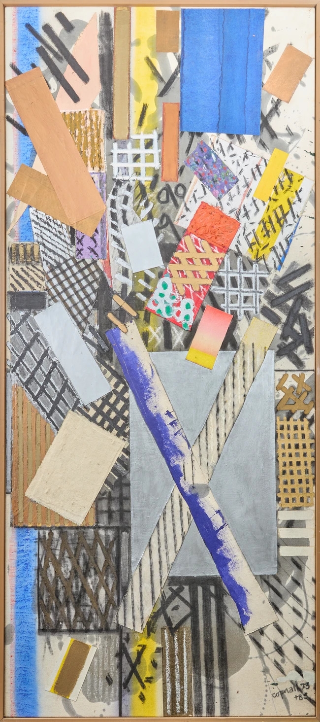 Artwork by John Copnall, Blue, Black, Yellow, Made of oil, collage and acrylic on canvas