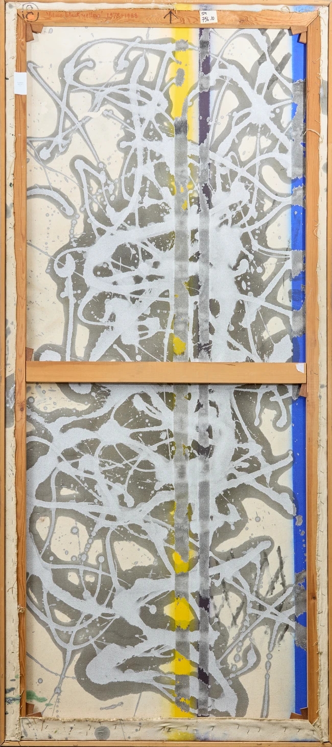 Artwork by John Copnall, Blue, Black, Yellow, Made of oil, collage and acrylic on canvas