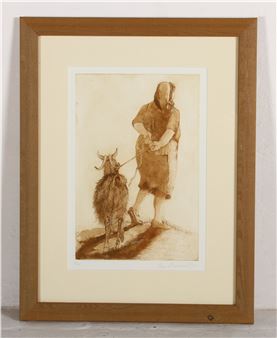 A sepia-toned drawing of a hooded figure leading a goat.