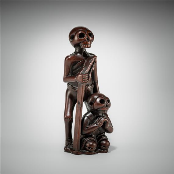 Japanese School, 19th Century | A RARE WOOD OKIMONO OF PIOUS SKELETONS ...