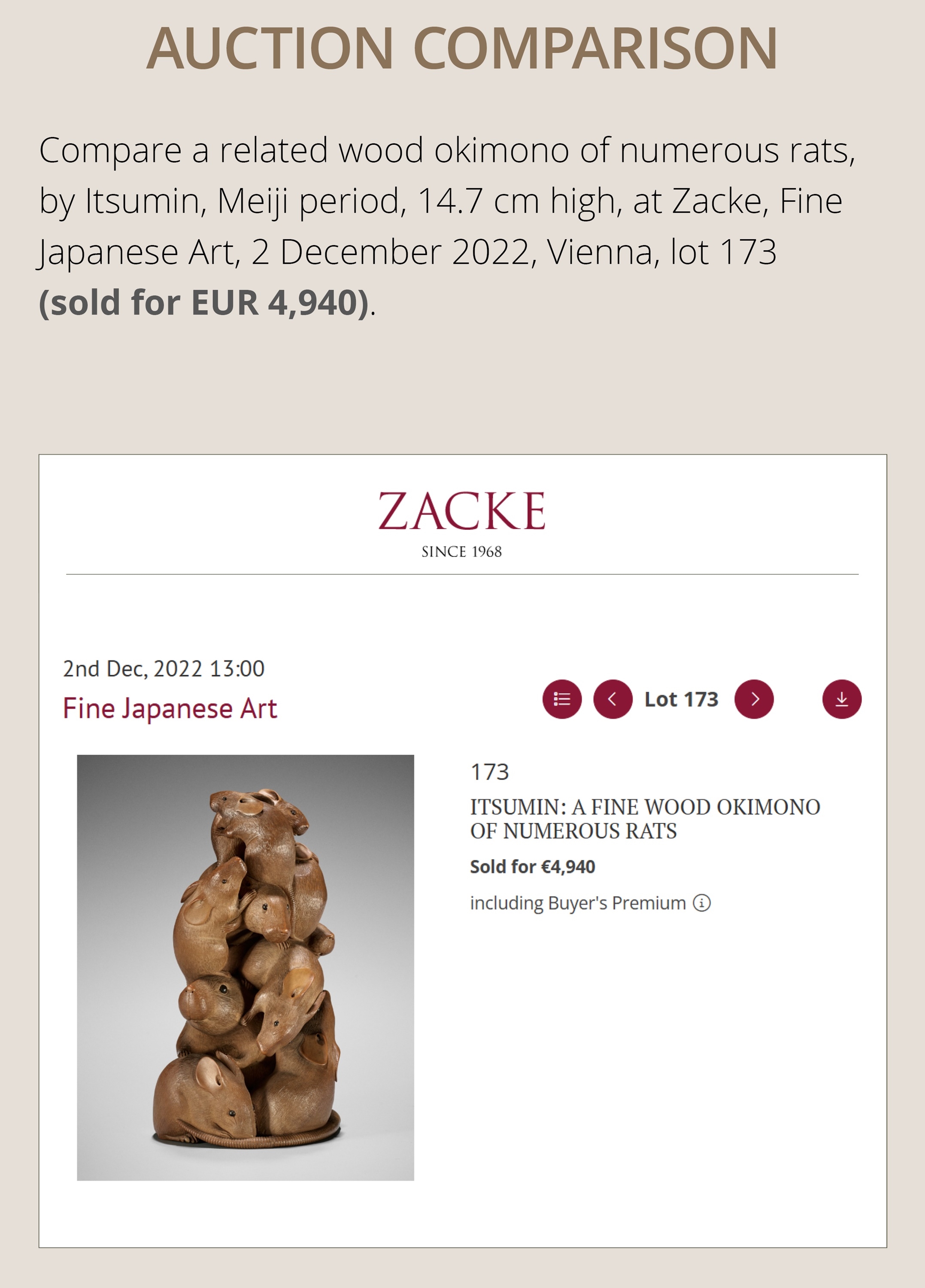 Artwork by Hokyudo Itsumin, ITSUMIN: A FINE WOOD NETSUKE OKIMONO OF A GROUP OF RATS WITH PERSIMMON, Made of wood