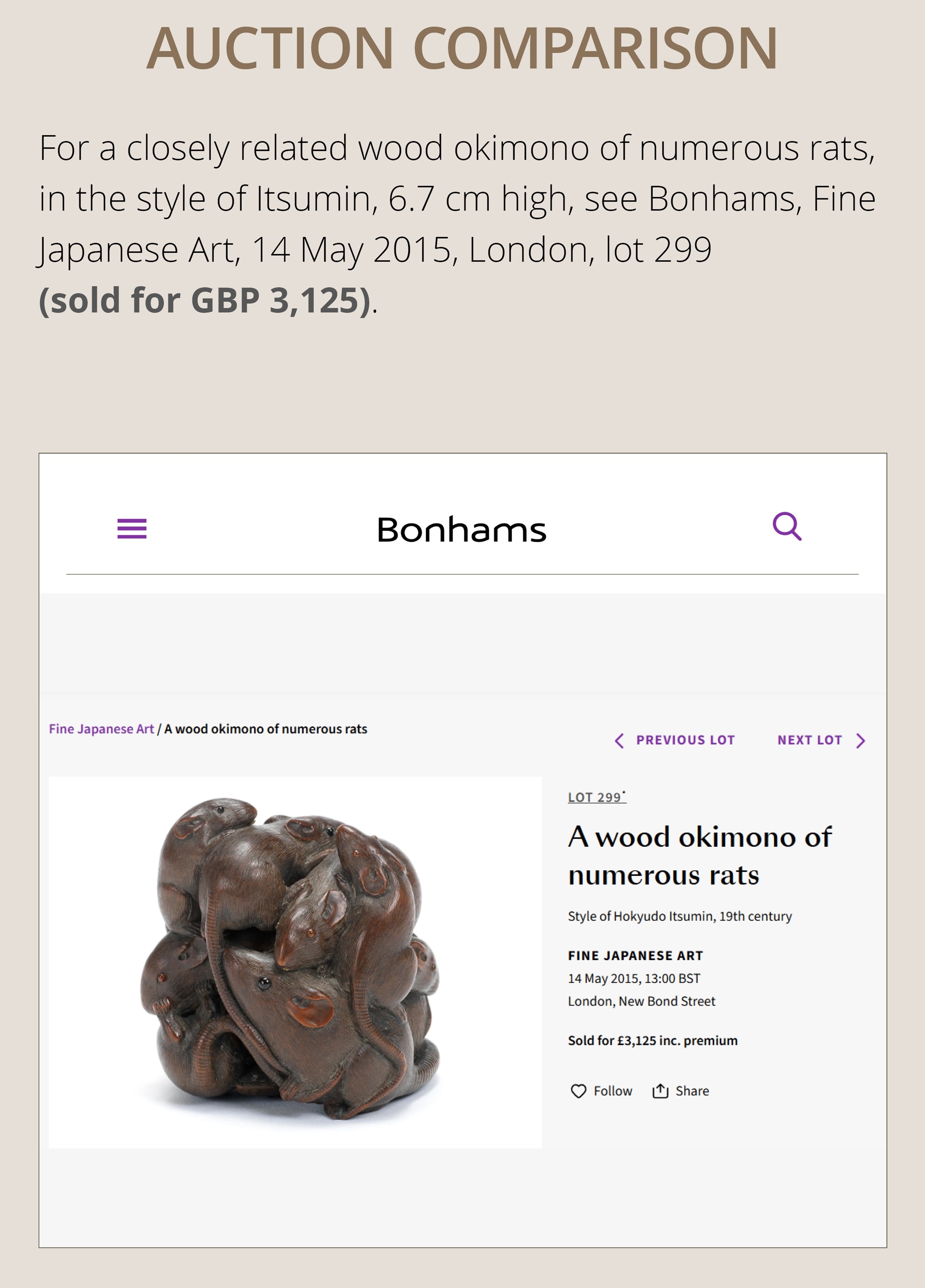 Artwork by Hokyudo Itsumin, ITSUMIN: A FINE WOOD NETSUKE OKIMONO OF A GROUP OF RATS WITH PERSIMMON, Made of wood