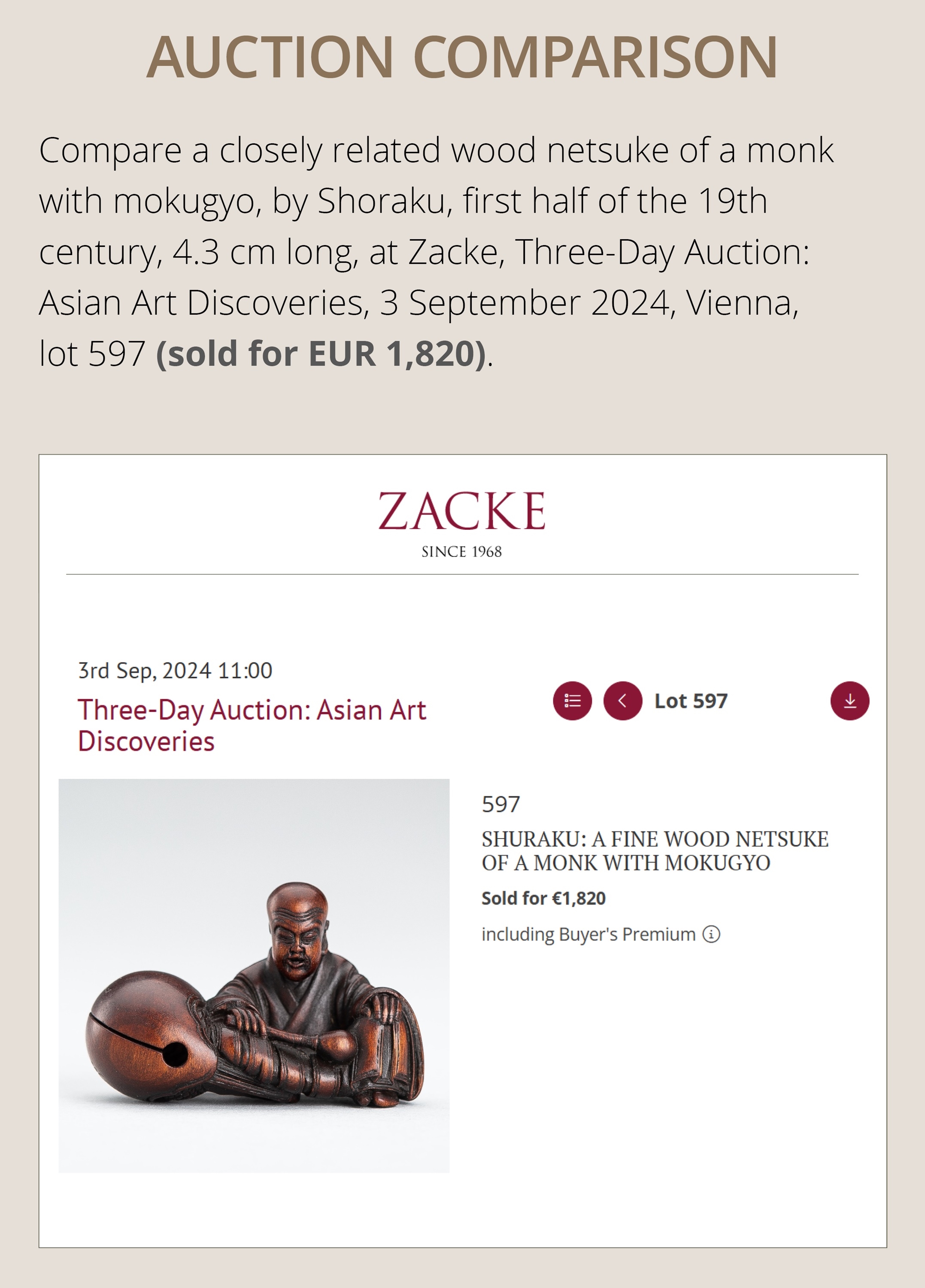 Artwork by Shûmin, SHUMIN: A FINE WOOD NETSUKE OF A MONK WITH MOKUGYO, Made of wood