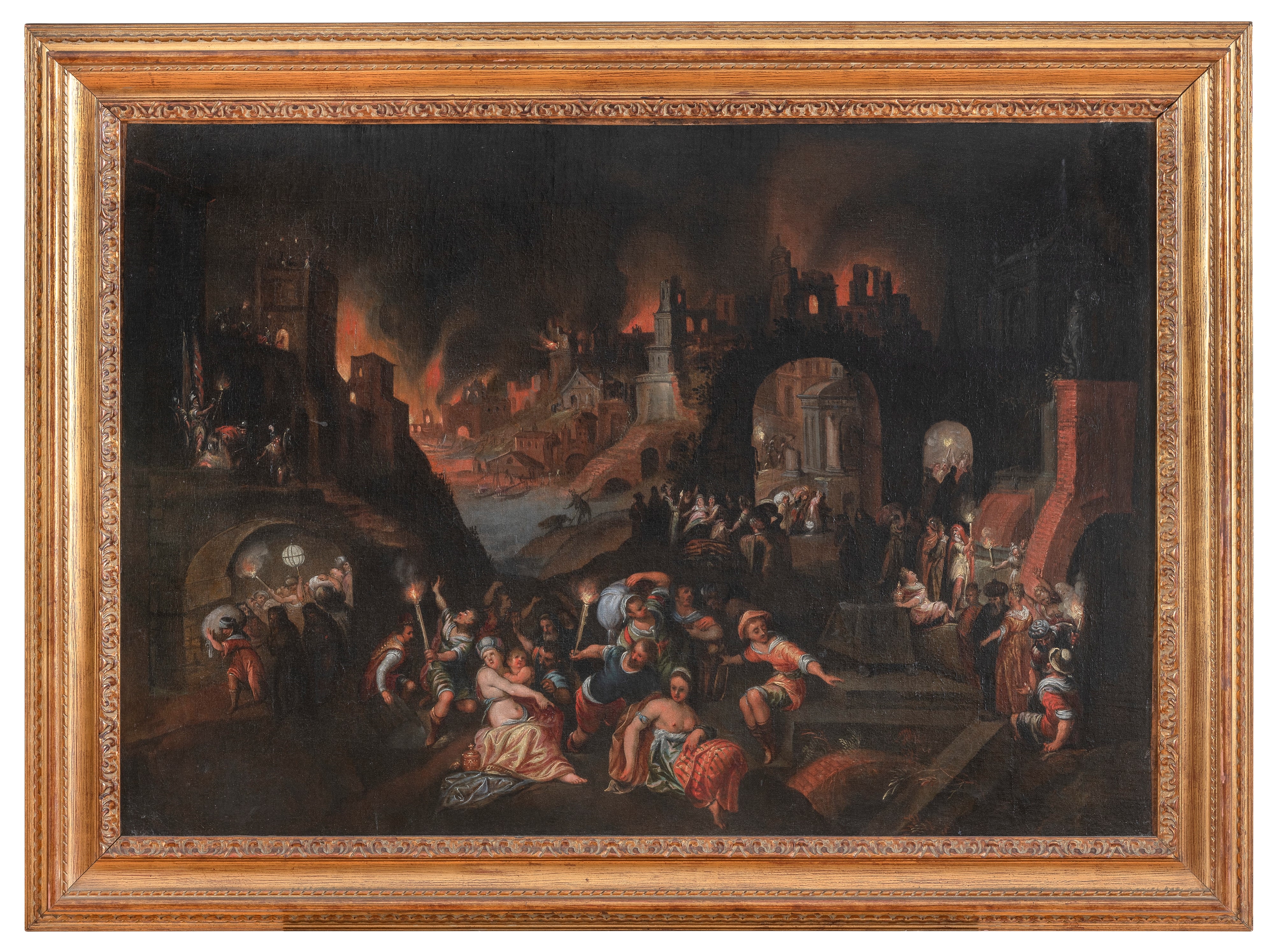 Artwork by Gillis van Valckenborch, DIPINTO CITTÁ IN FIAMME ATTRIBUITO A GILLIS VAN VALCKENBORCH, Made of olio su tela