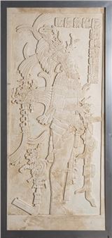 a carved sandstone panel depicting a Mayan figure, contained in a steel frame - Alvaro Pascual Gonzales