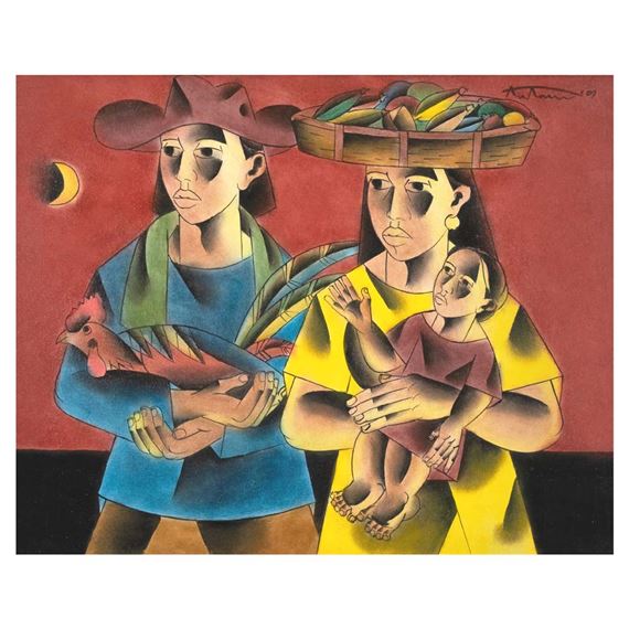 A painting of a woman holding a baby and a basket of fruit.