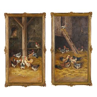 Pair of Paintings of Chickens in a Barn - Alfred Prehn