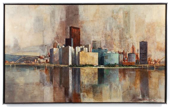 Charles Pitcher Pittsburgh Panorama Skyline 1974 Acrylic on Canvas by Charles Pitcher, 1974