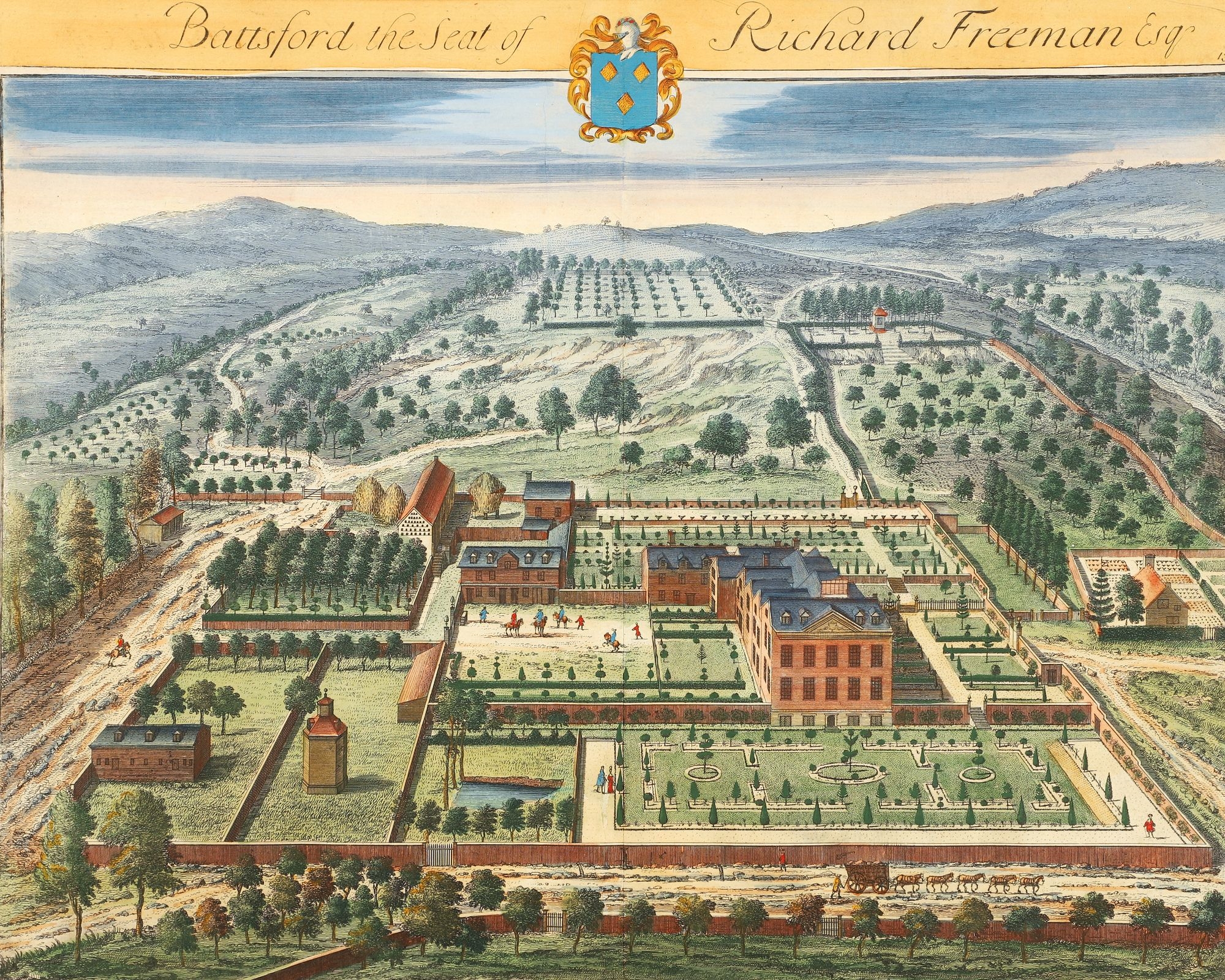 Artwork by Johannes Kip, 4 Johannes Kip Topographical Engravings 18th Century, Made of engravings with hand coloring