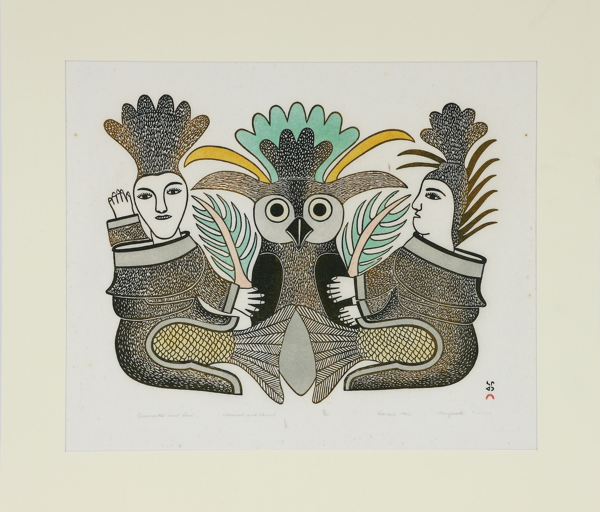 Kenojuak Ashevak | Kenojuak Ashevak Seamaids and Owl 1980 Signed ...