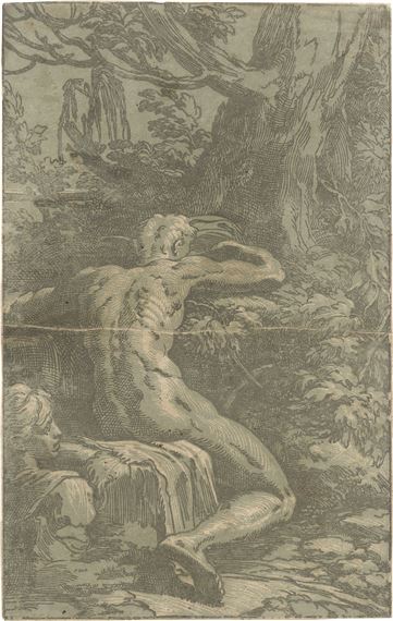 Sitzender männlicher Akt, von der Rückseite her gesehen (Narziss?) by Parmigianino, Antonio da Trento