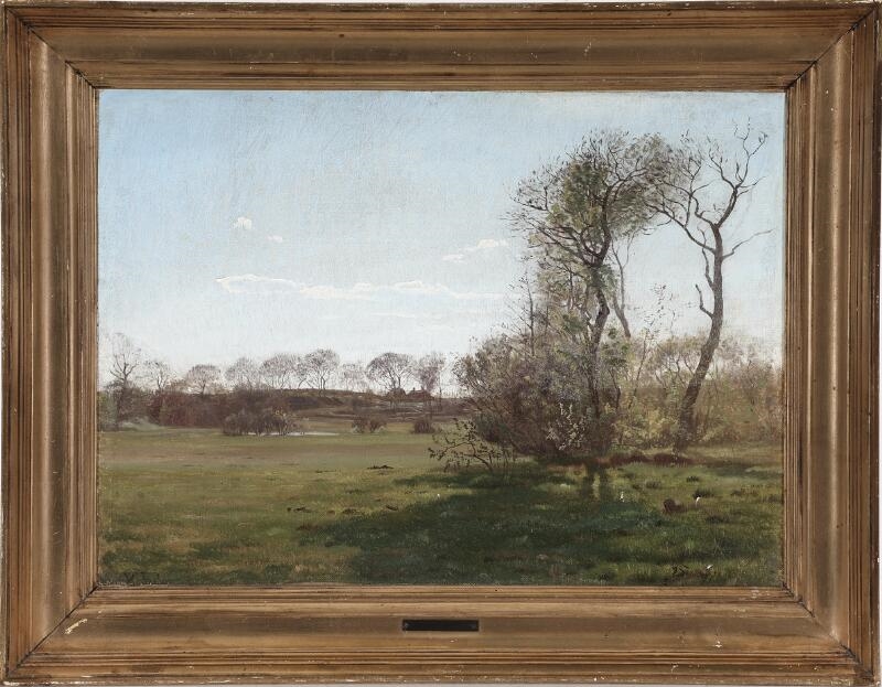 Artwork by Harald Frederik Foss, View from a meadow and a farmhouse in the distance, Made of Oil on canvas laid on canvas