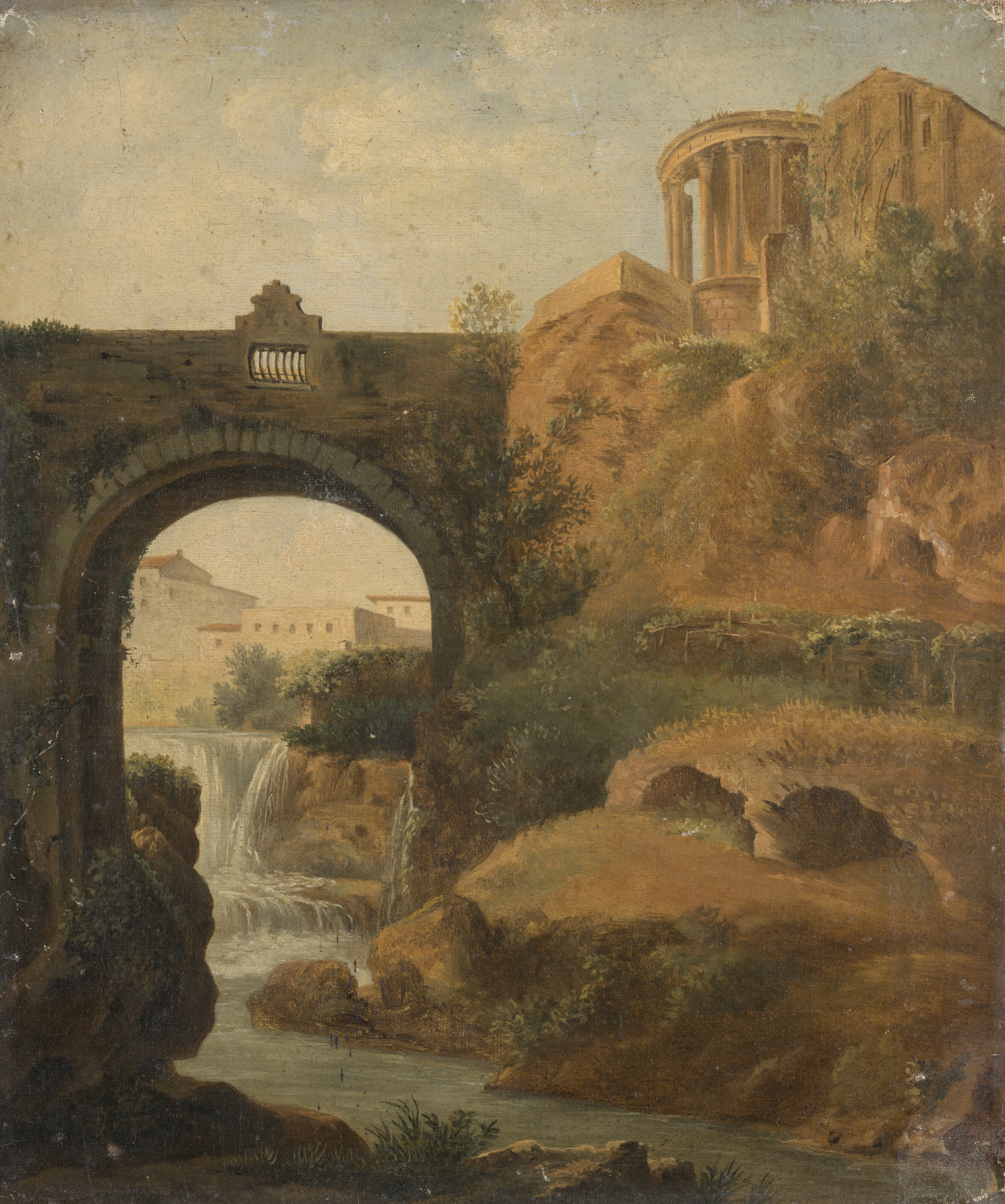Artwork by Simon-Joseph-Alexandre-Clément Denis, Capriccio with the Temple of Vesta and the falls of Tivoli, Made of Oil on canvas