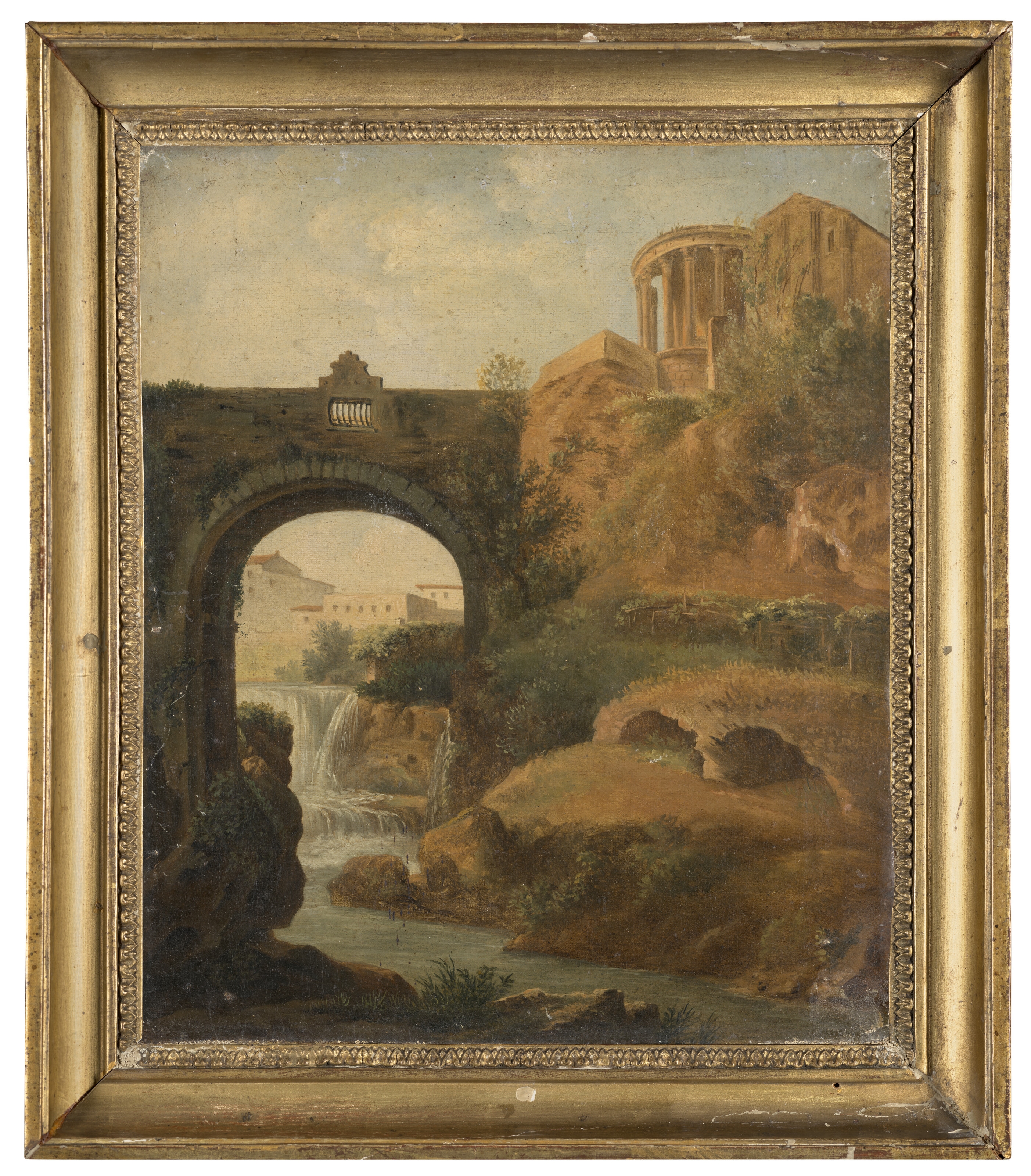 Artwork by Simon-Joseph-Alexandre-Clément Denis, Capriccio with the Temple of Vesta and the falls of Tivoli, Made of Oil on canvas