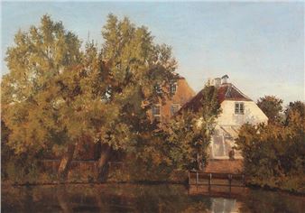 View with two houses lying next to a lake - Thorald Brendstrup