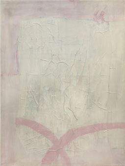 A textured abstract painting featuring a central white form with visible brushstrokes, set against a pale background with pink accents.