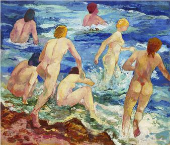 Badende Mädchen (verso: Die Familie des Künstlers beim Picknick - Otto Meister