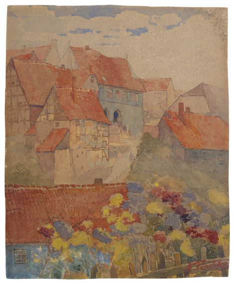 Blick über den sommerlichen Garten auf eine Kleinstadt (Linz - Emanuel