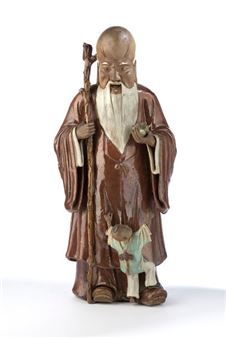 Shiwan stoneware Shoulao statue in brown and celadon - Chinese School, 20th Century