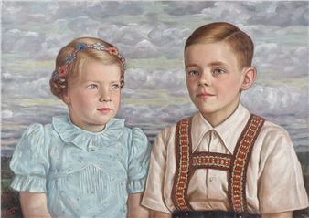 Portrait of a Young Girl in a Blue Floral Dress and a Young Boy in Lederhosen - Erich Säuberlich