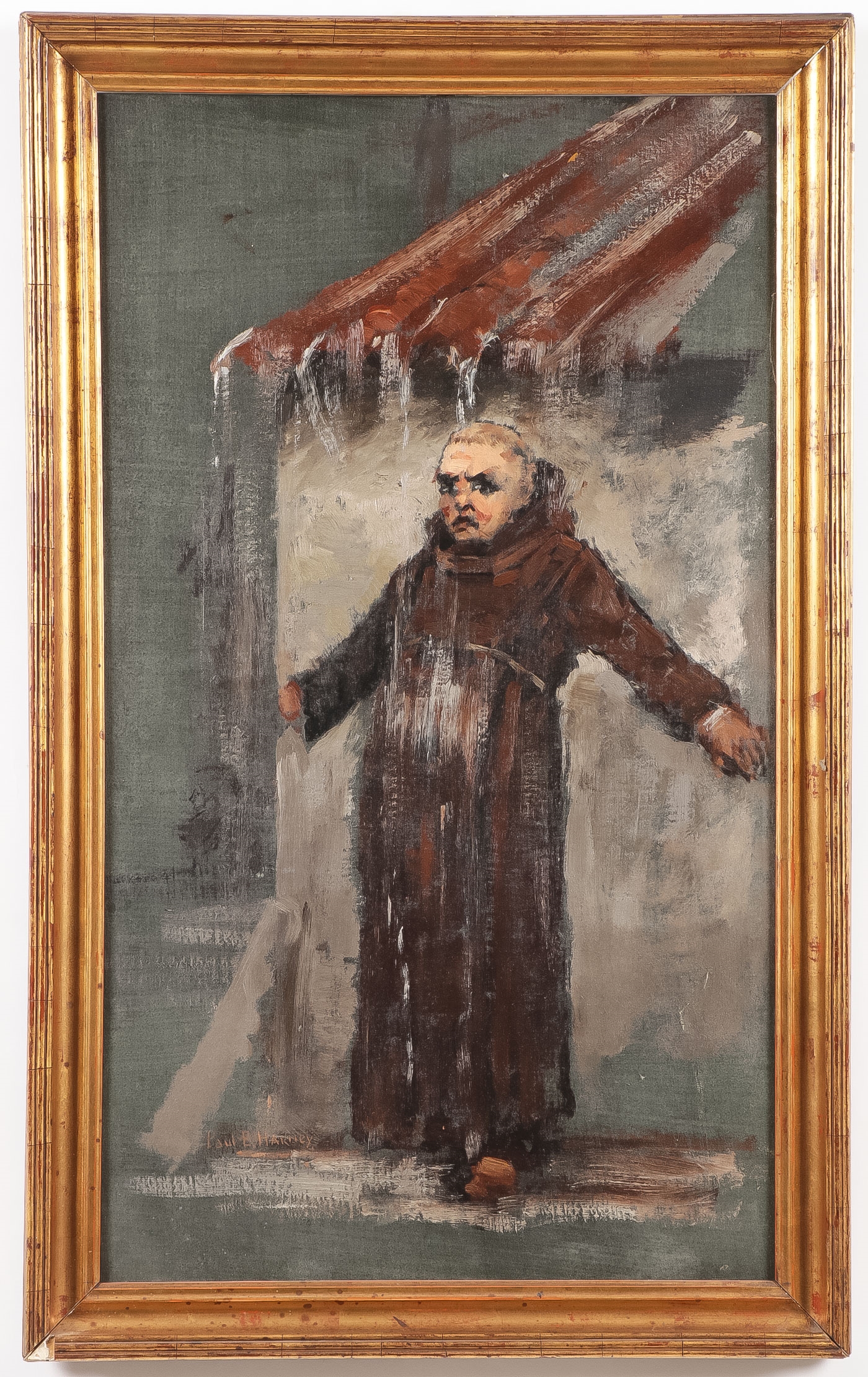 Artwork by Paul Harney, Monk Beneath Drenching Awning, Made of Oil on Board