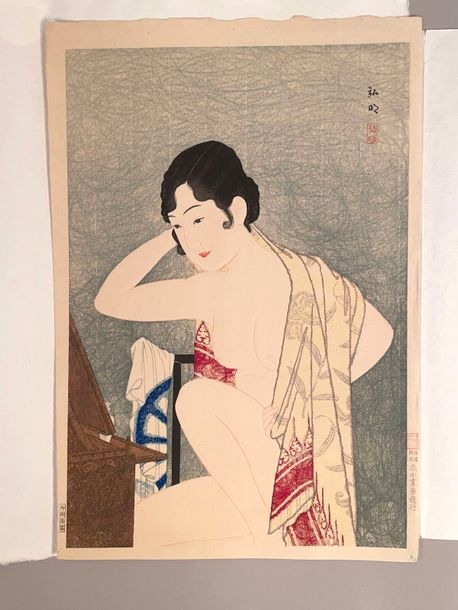 Artwork by Takahashi Shtei, Beauty in front of a mirror, Made of Print, dai oban tate-e