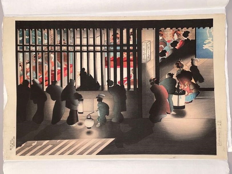 Artwork by Takahashi Shtei, Night Scene at Yoshiwara, Made of Print, dai oban yoko-e