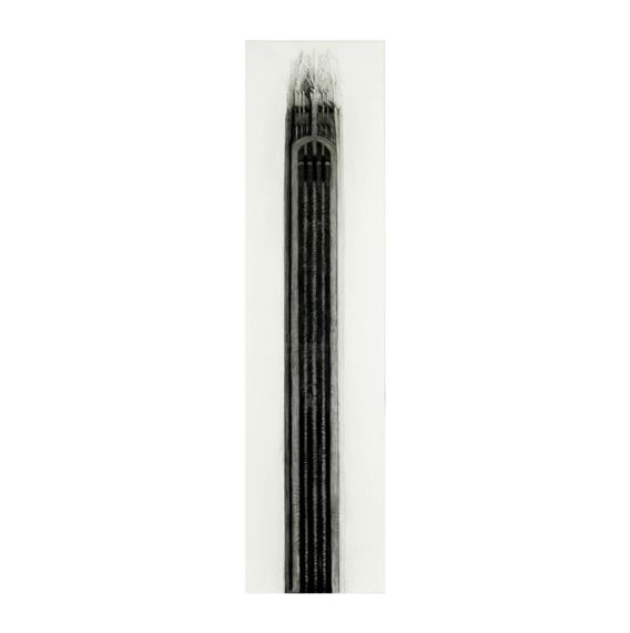 A minimalist black-and-white vertical composition featuring a textured, tower-like form with a crown of spiky lines.