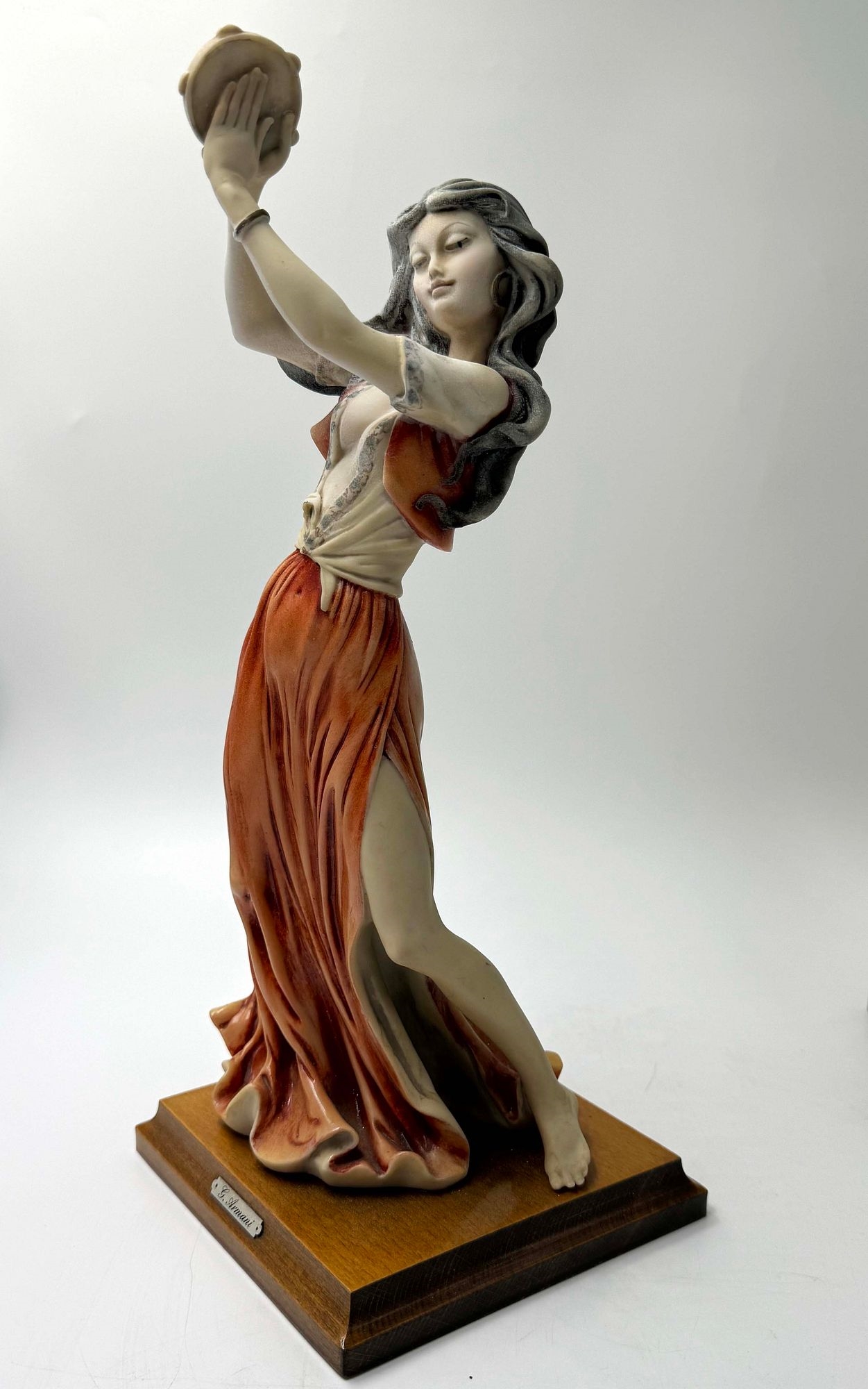 Artwork by Giuseppe Armani, A Rare Pair Of Italian Florence Capodimonte Giuseppe Armani's Gypsy Dancer & Guitarist Matt Hand Painted Porcelain Statues on Wooden bases. Signed by artist, Made of hand painted porcelain