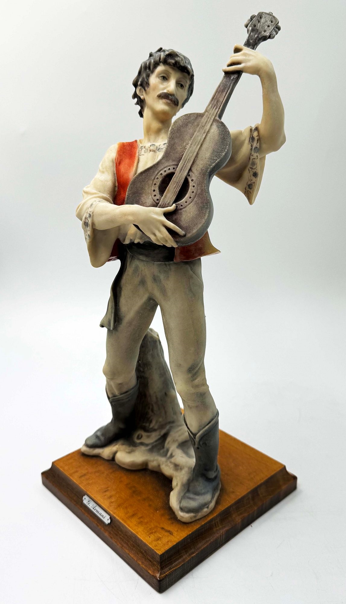 Artwork by Giuseppe Armani, A Rare Pair Of Italian Florence Capodimonte Giuseppe Armani's Gypsy Dancer & Guitarist Matt Hand Painted Porcelain Statues on Wooden bases. Signed by artist, Made of hand painted porcelain