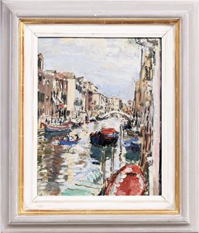 A vibrant impressionist painting of a canal scene with gondolas and historic buildings.