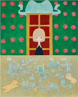 A surreal composition featuring a central figure in a red window, surrounded by floating objects and a green rose-patterned background.