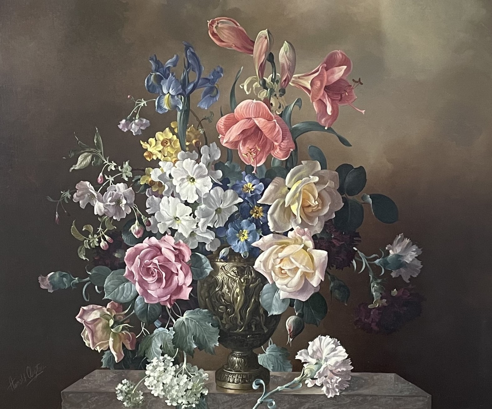 Harold Clayton | still life of mixed flowers in a bronze vase on a ...