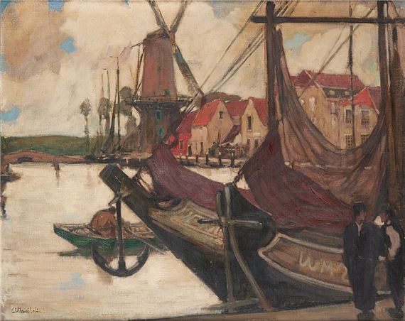 Huile sur toile: Pêcheur sur sa barque entrant dans le port by Fernand Allard L'Olivier