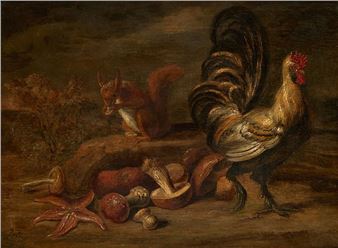 Huile sur panneau: Composition avec écureuil, coq, champignons et étoile de mer - Georges Petit