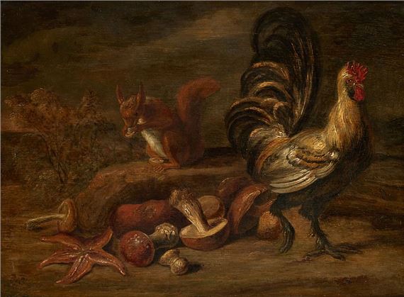 Huile sur panneau: Composition avec écureuil, coq, champignons et étoile de mer - Georges Petit