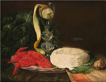 Huile sur panneau: Nature morte aux homards - François Joseph Huygens