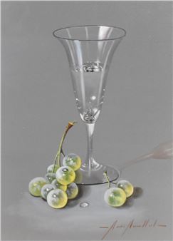 oil on board, still life study, wine glass and grapes, signed to - Marisa Mallol