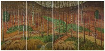 FOREST WITH A HERD OF DEER - A FOUR PANEL FRIEZE - Edwin Maxwell Fry