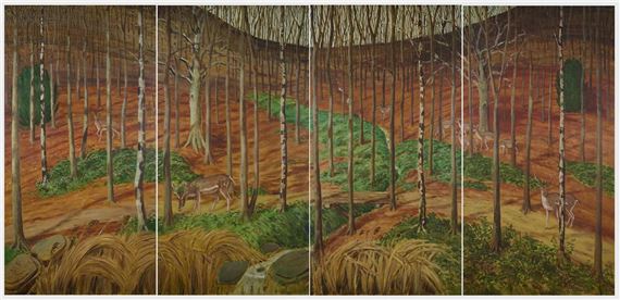 FOREST WITH A HERD OF DEER - A FOUR PANEL FRIEZE by Edwin Maxwell Fry, 1397