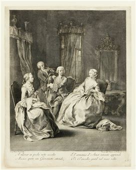 France 1721-1797. France 1721-1797. &quot;A rilevar in poche note accolto (A Venetian Interior with Two Women Seated and Two Men Playing the Cello and Viola)&quot;. Etching and engraving on laid paper - Charles Joseph Flipart